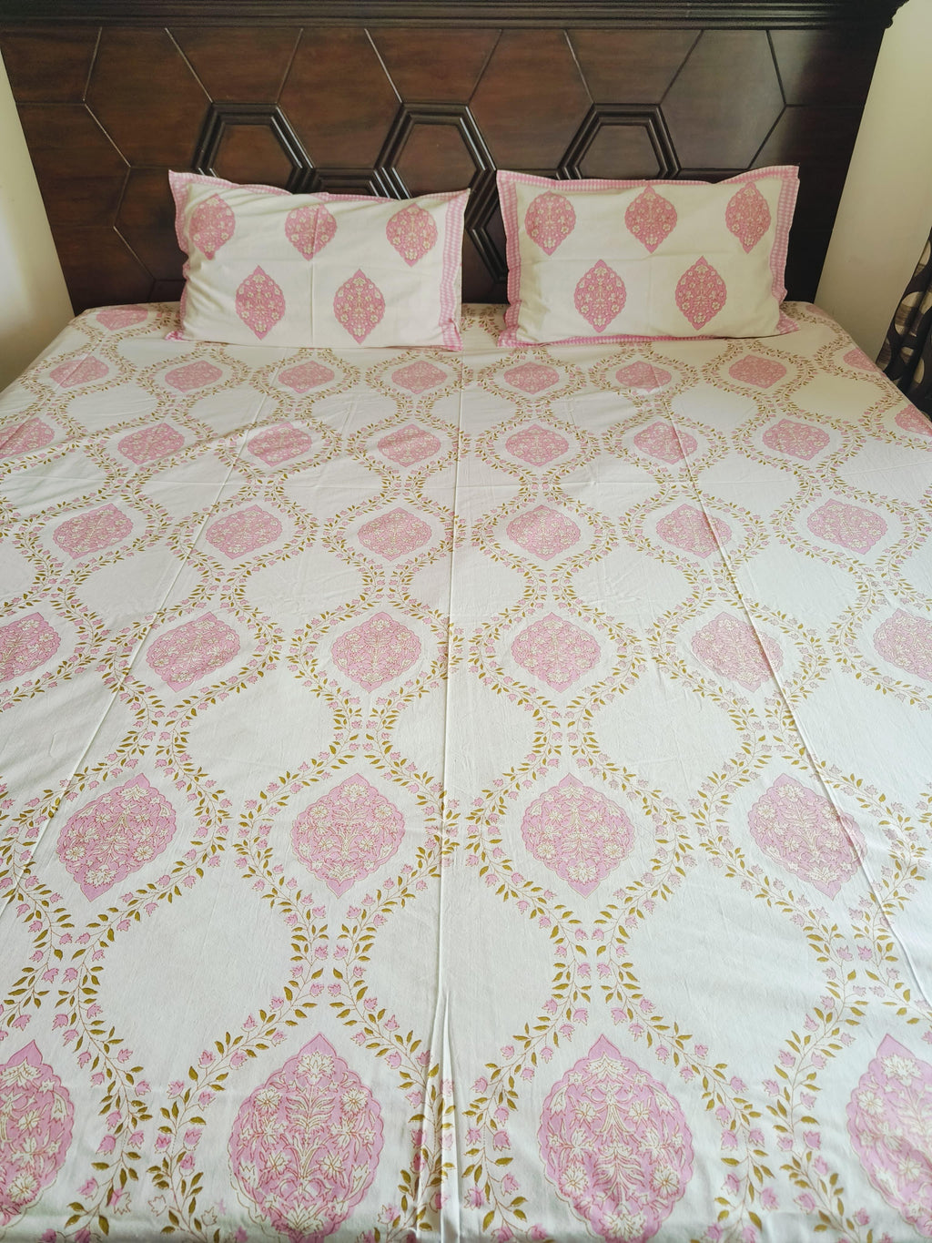 Light Pink Cotton Jaipuri Premium King Bed Sheet - Avyana Bedding Collection