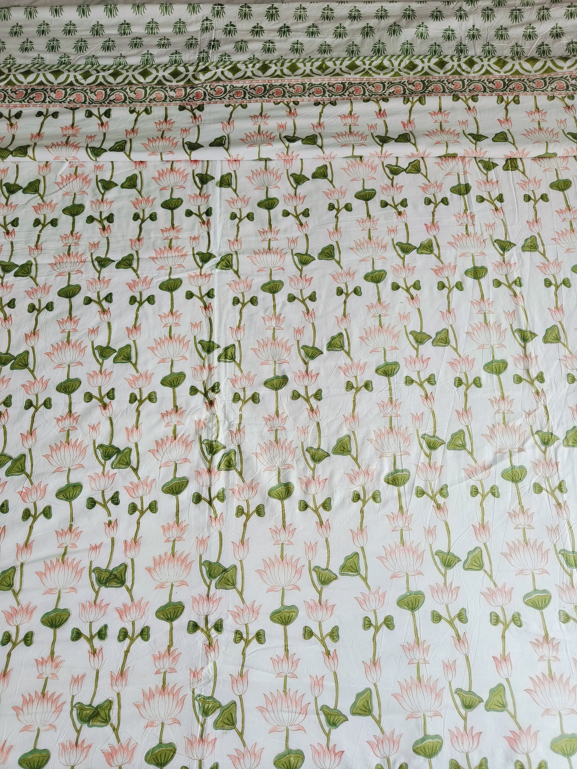 Lotus Garden Cotton Dohar – Tranquil Green & Pink - Avyana Bedding Collection