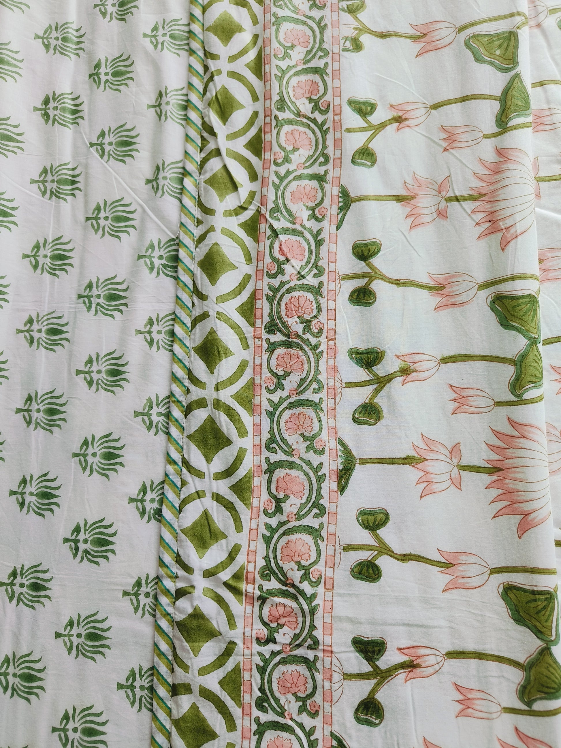 Lotus Garden Cotton Dohar – Tranquil Green & Pink - Avyana Bedding Collection