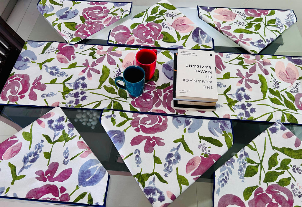 Multicolor Cotton Floral Premium Dining Cover (6 Casemat + 1 Runner) - Avyana Bedding Collection