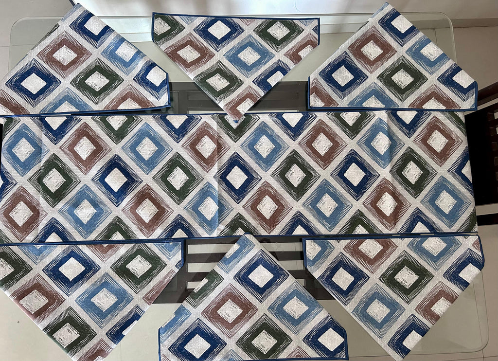 Multicolor Cotton Geometric Premium Dining Cover (6 Casemat + 1 Runner) - Avyana Bedding Collection