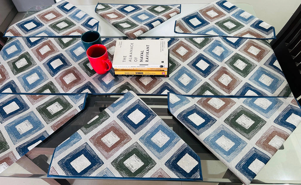 Multicolor Cotton Geometric Premium Dining Cover (6 Casemat + 1 Runner) - Avyana Bedding Collection