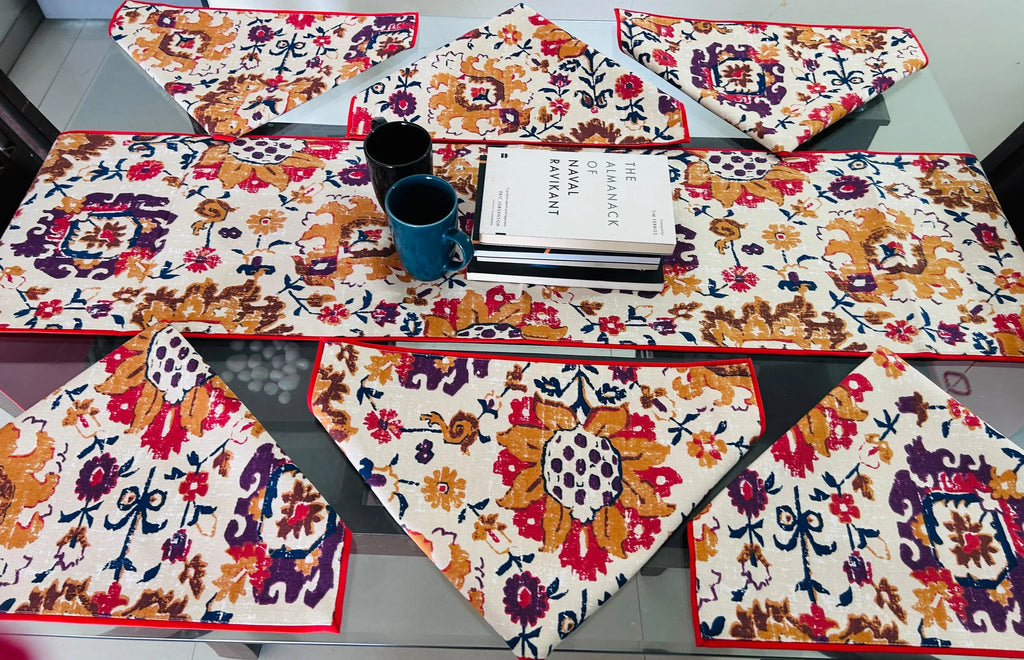 Orange Cotton Jaipuri Premium Dining Cover (6 Casemat + 1 Runner) - Avyana Bedding Collection