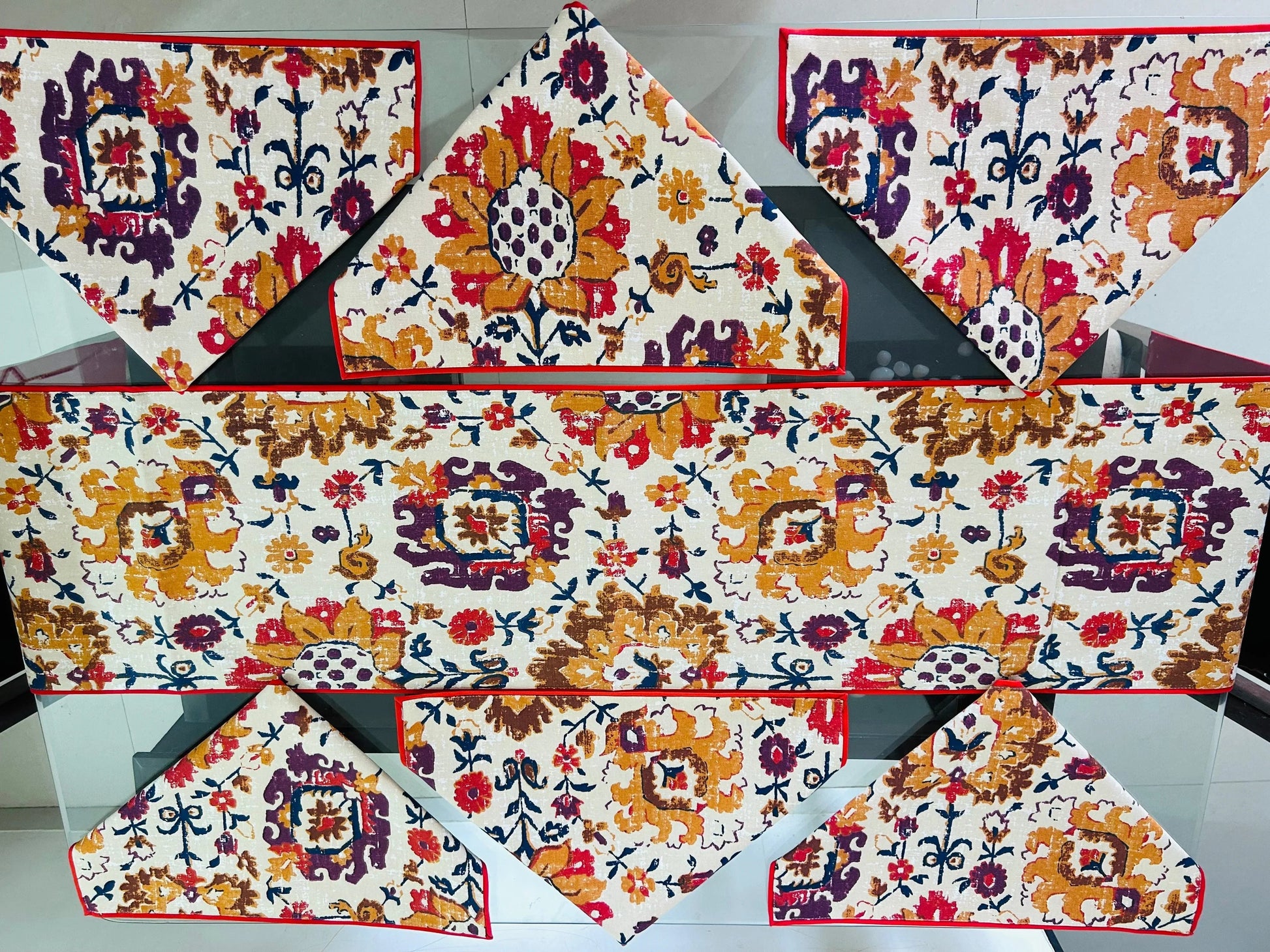 Orange Cotton Jaipuri Premium Dining Cover (6 Casemat + 1 Runner) - Avyana Bedding Collection