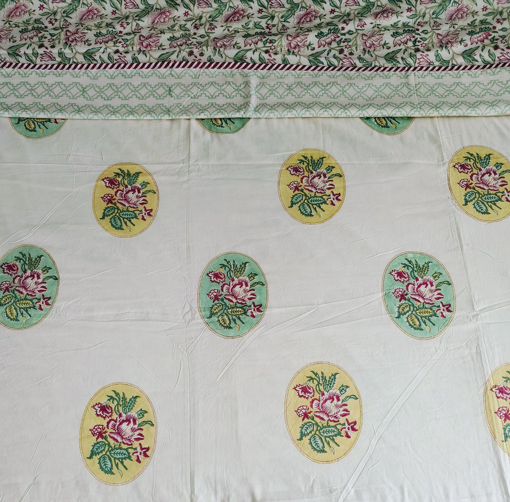 Pastel Medallion Cotton Dohar – Mint & Floral Embellished - Avyana Bedding Collection