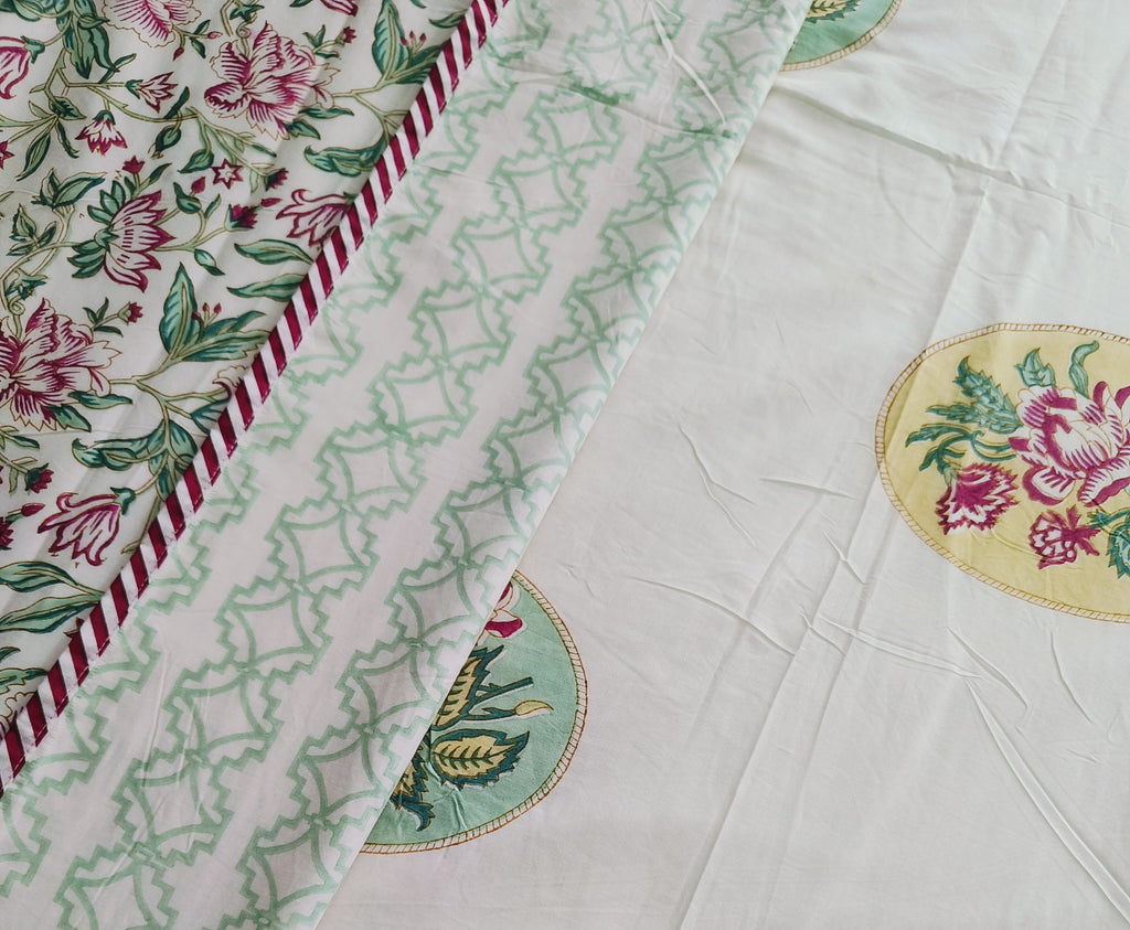 Pastel Medallion Cotton Dohar – Mint & Floral Embellished - Avyana Bedding Collection