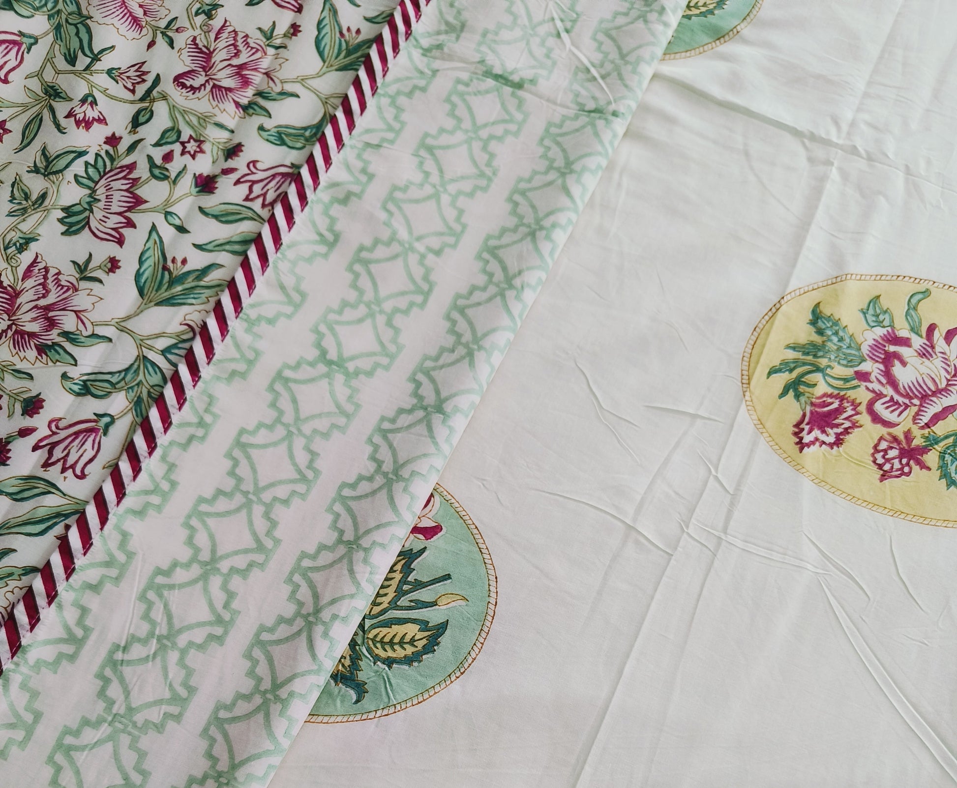 Pastel Medallion Cotton Dohar – Mint & Floral Embellished - Avyana Bedding Collection