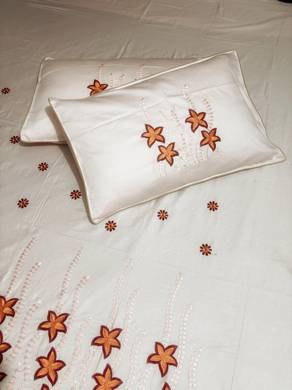 Peach Floral Pure Cotton Embroidery Premium King Bed Sheet - Avyana Bedding Collection