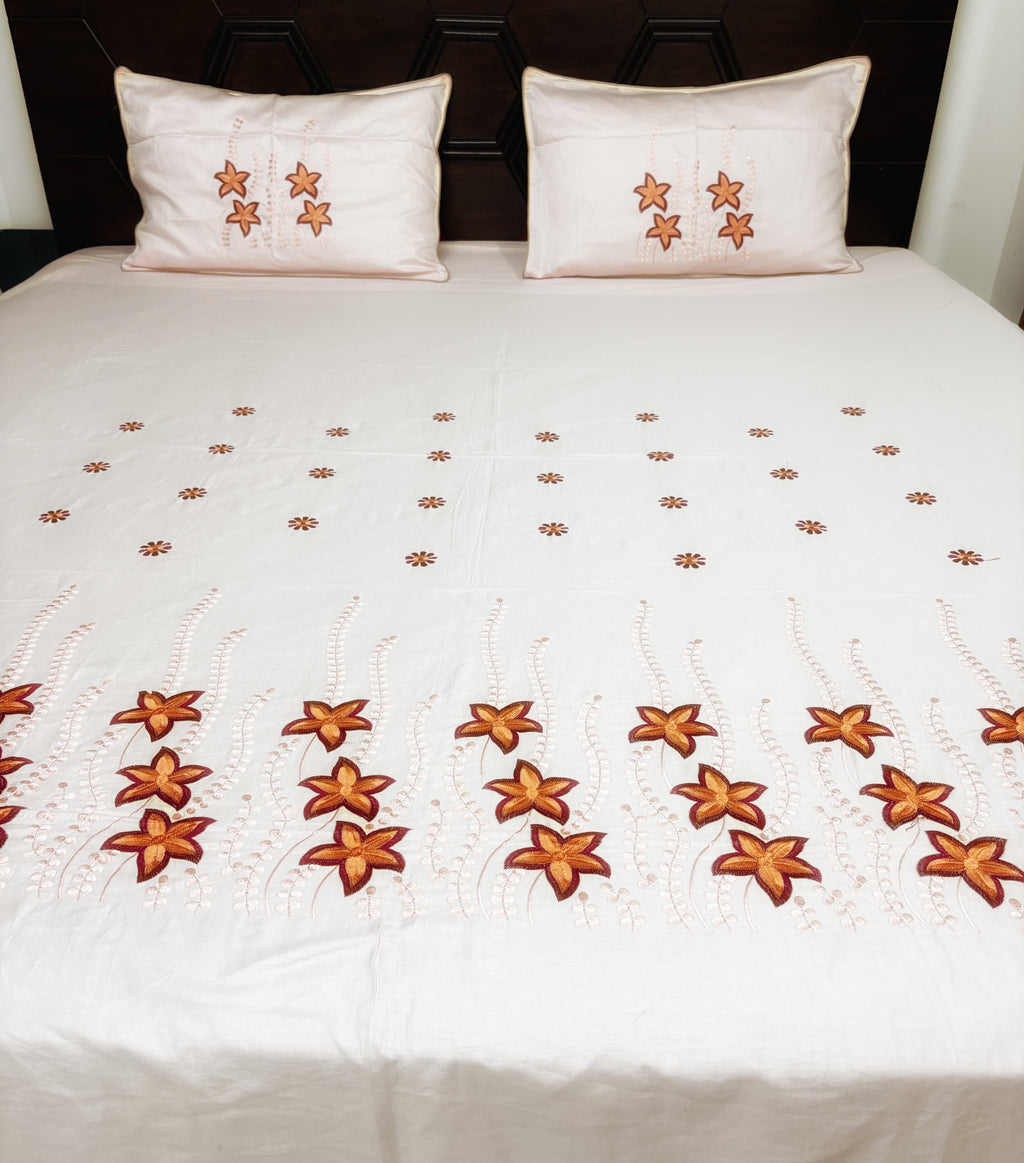 Peach Floral Pure Cotton Embroidery Premium King Bed Sheet - Avyana Bedding Collection
