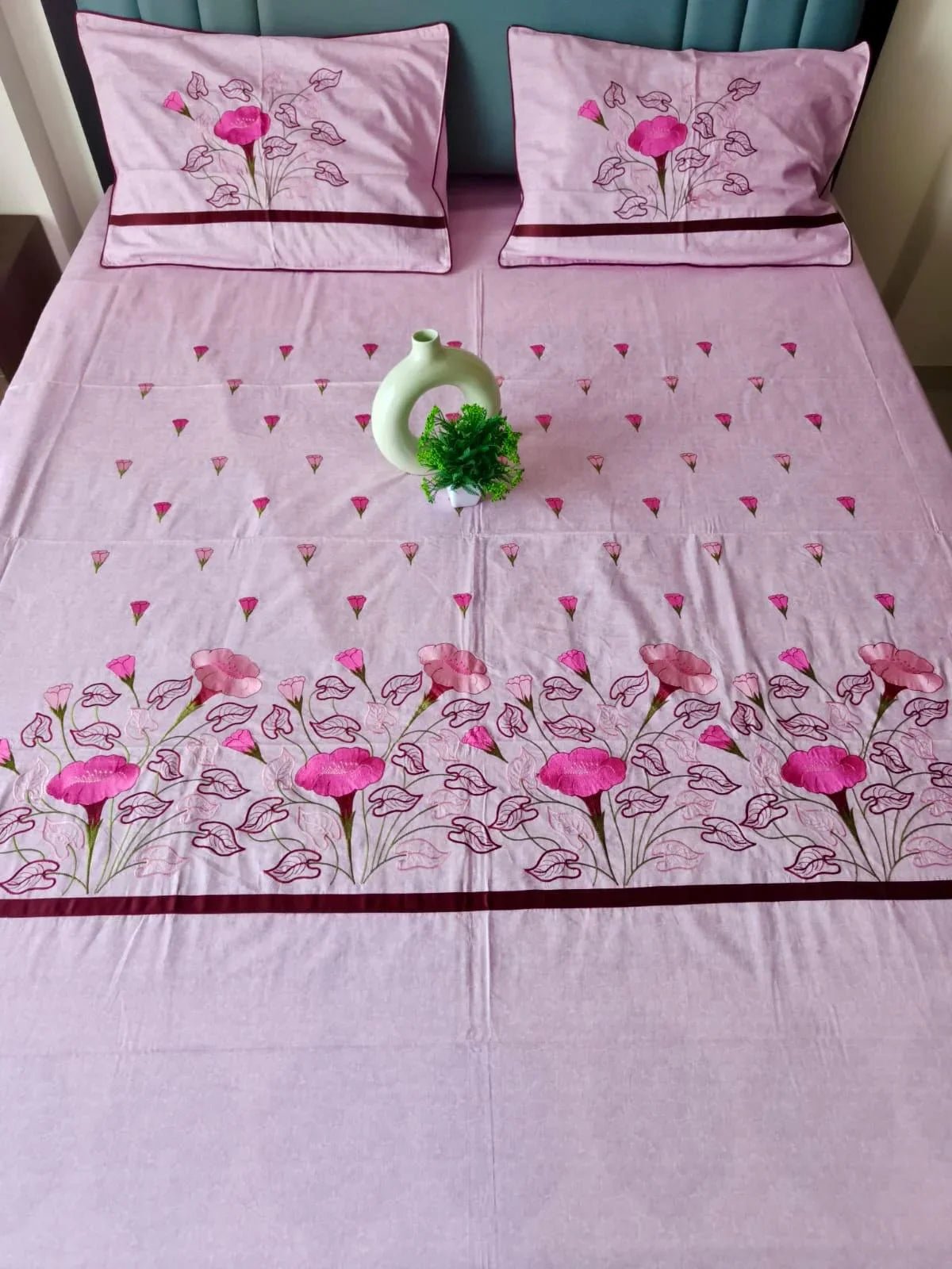Pink Cotton Embroidery Floral Premium King Bed Sheet - Avyana Bedding Collection