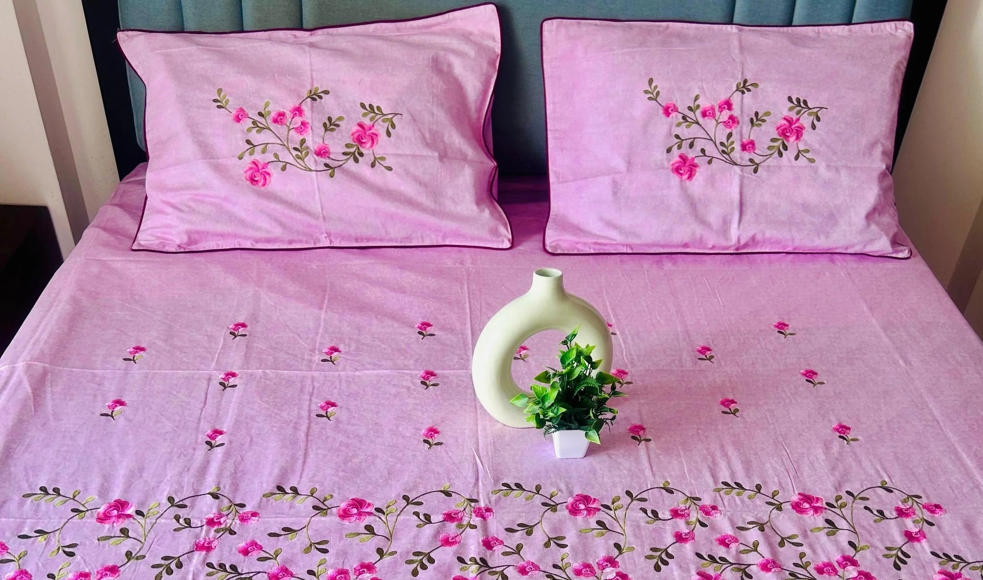 Pink Cotton Embroidery Floral Premium King Bed Sheet - Avyana Bedding Collection
