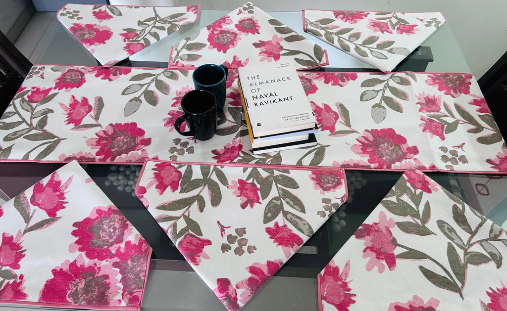 Pink Cotton Jaipuri Premium Dining Cover (6 Casemat + 1 Runner) - Avyana Bedding Collection