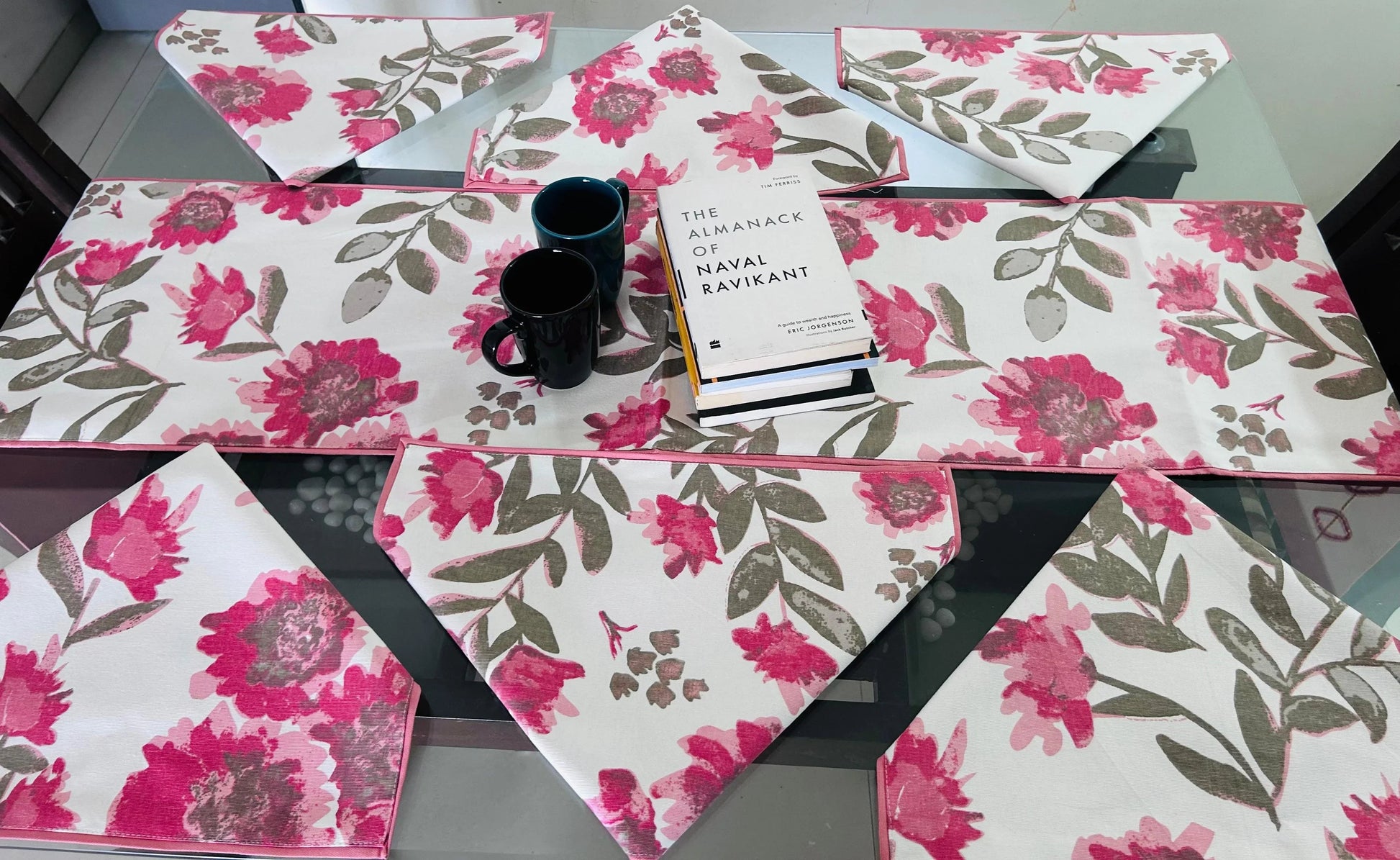 Pink Cotton Jaipuri Premium Dining Cover (6 Casemat + 1 Runner) - Avyana Bedding Collection