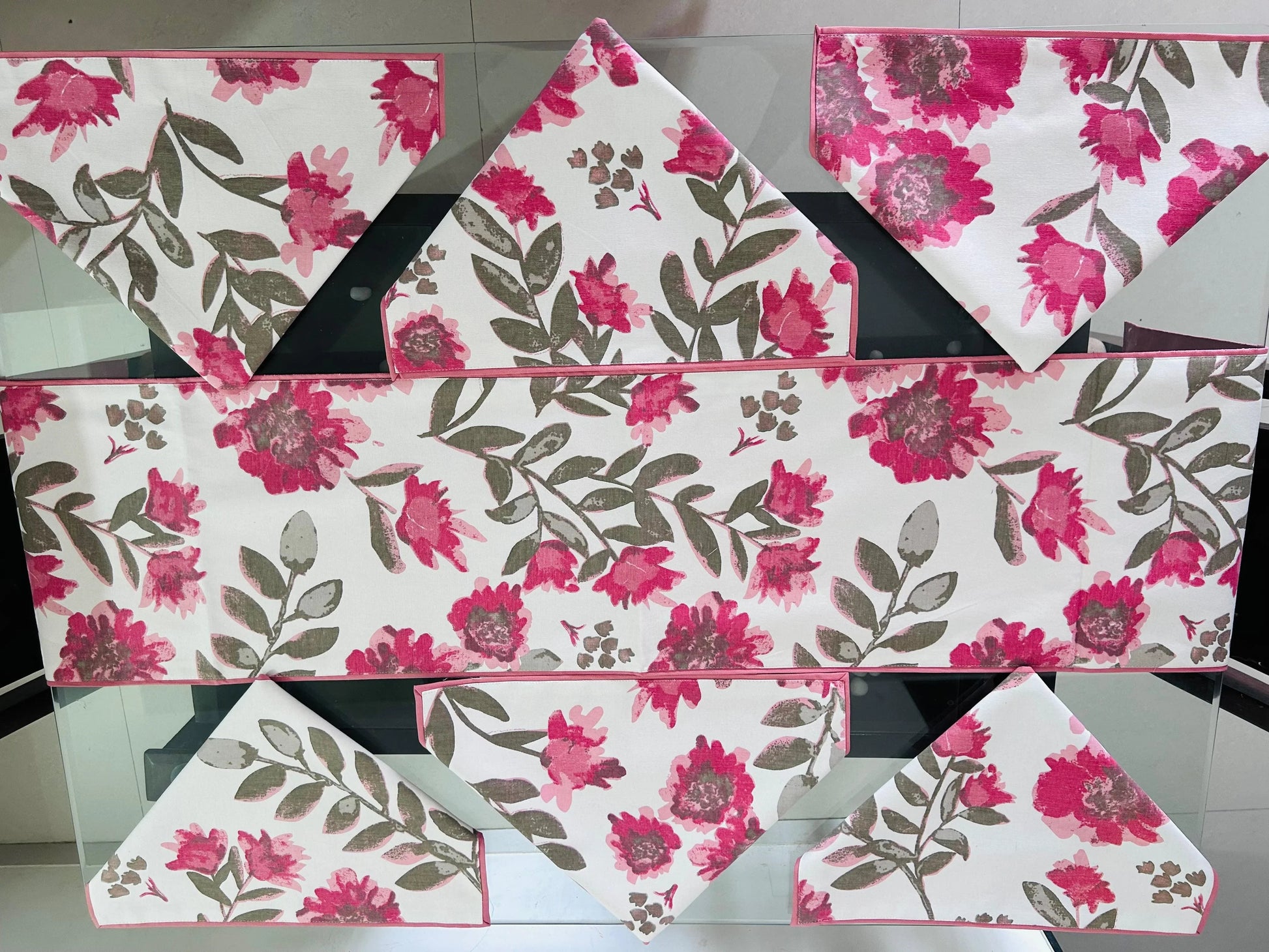 Pink Cotton Jaipuri Premium Dining Cover (6 Casemat + 1 Runner) - Avyana Bedding Collection