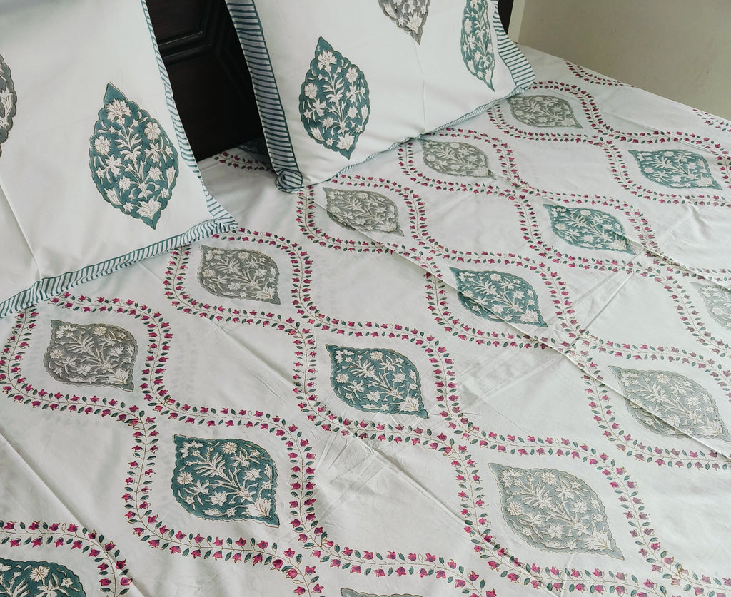 Premium Mughal Leaf Print Cotton Bedsheet Set – Teal & Grey Elegance for Double Bed - Avyana Bedding Collection