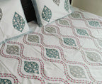 Premium Mughal Leaf Print Cotton Bedsheet Set – Teal & Grey Elegance for Double Bed - Avyana Bedding Collection