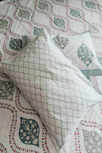 Premium Mughal Leaf Print Cotton Bedsheet Set – Teal & Grey Elegance for Double Bed - Avyana Bedding Collection