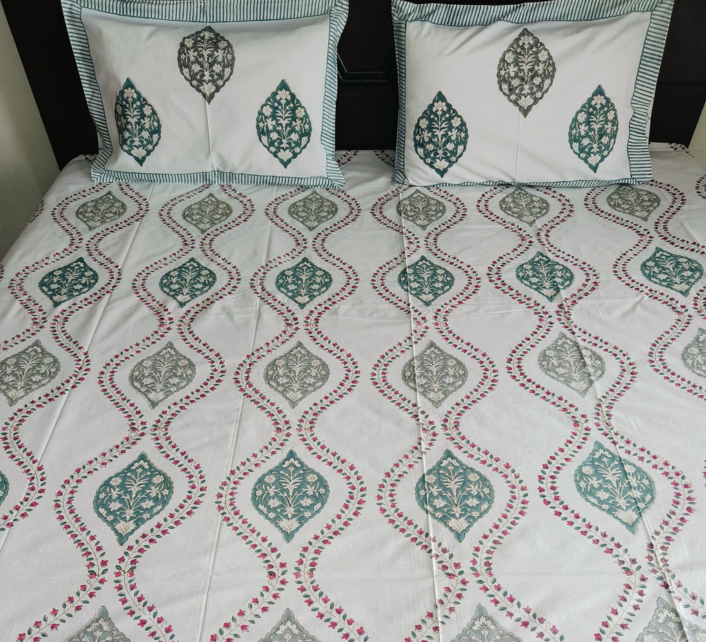Premium Mughal Leaf Print Cotton Bedsheet Set – Teal & Grey Elegance for Double Bed - Avyana Bedding Collection