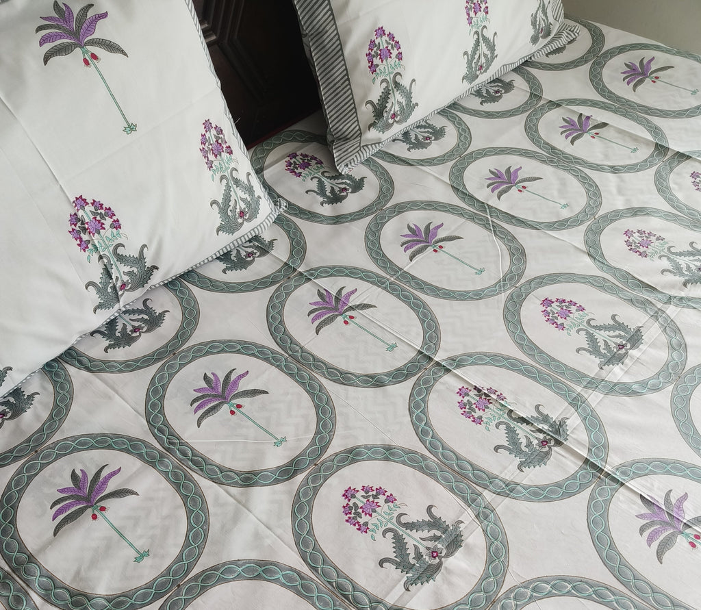 Regal Tropics Bedsheet – Purple Palm & Floral Medallions - Avyana Bedding Collection