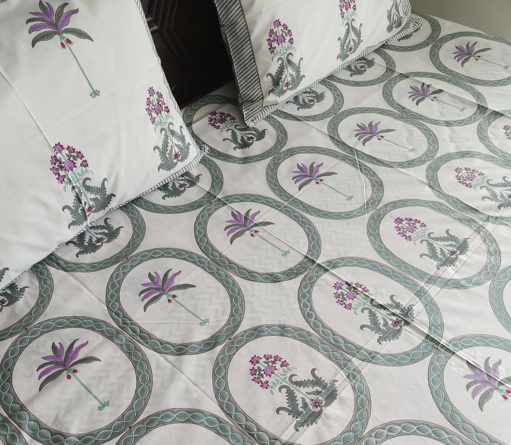 Regal Tropics Bedsheet – Purple Palm & Floral Medallions - Avyana Bedding Collection