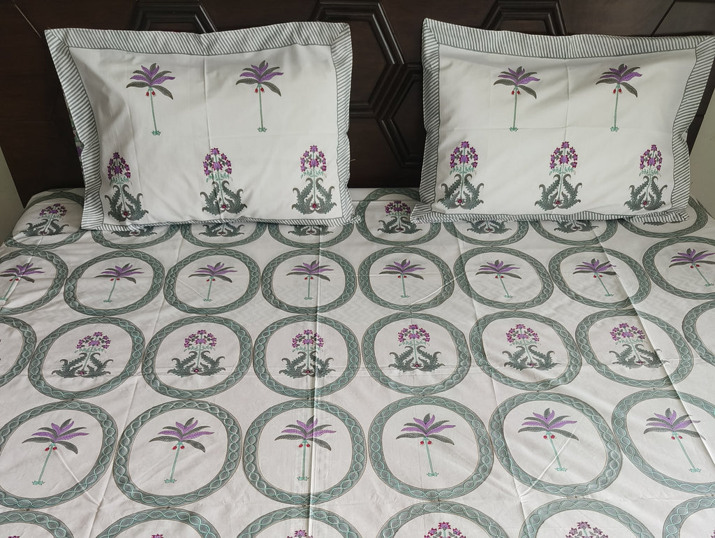 Regal Tropics Bedsheet – Purple Palm & Floral Medallions - Avyana Bedding Collection