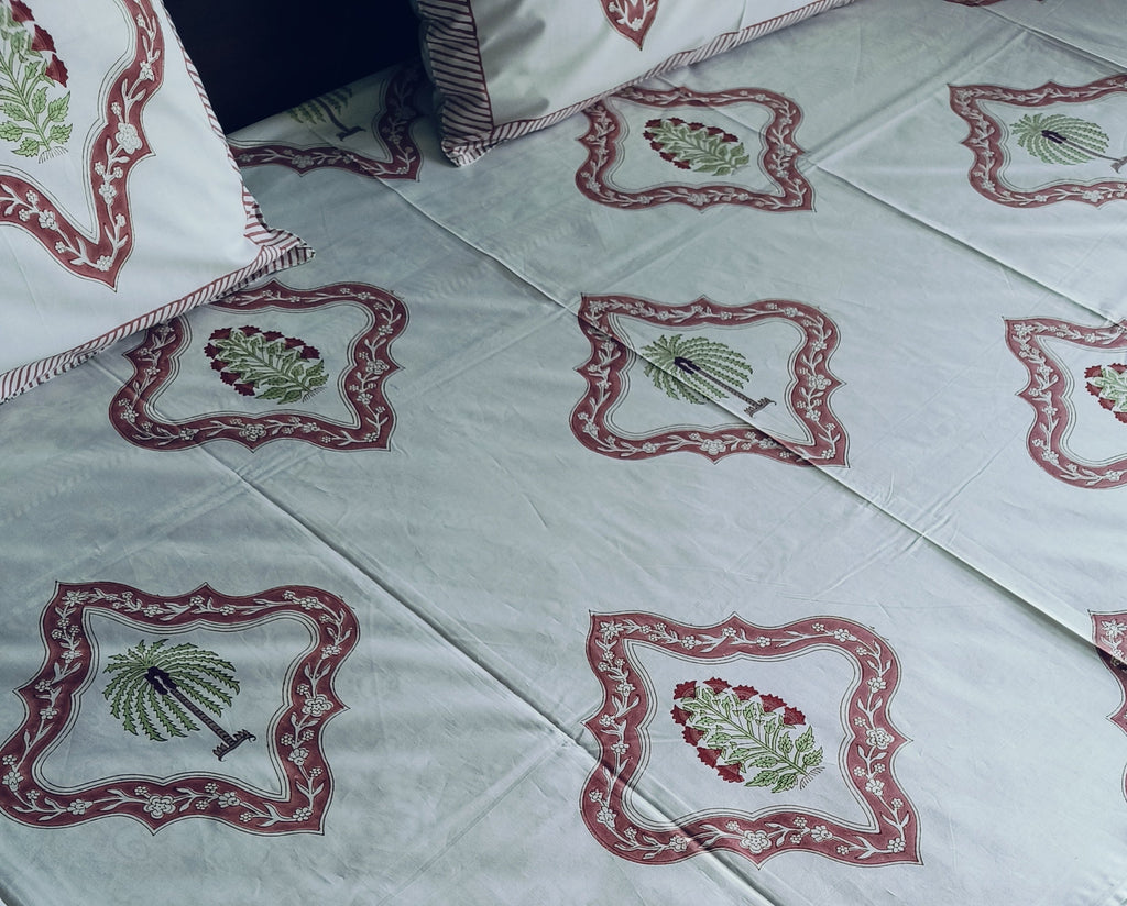 Royal Bloom Handblock Bedsheet– Red & Green Floral Delight - Avyana Bedding Collection