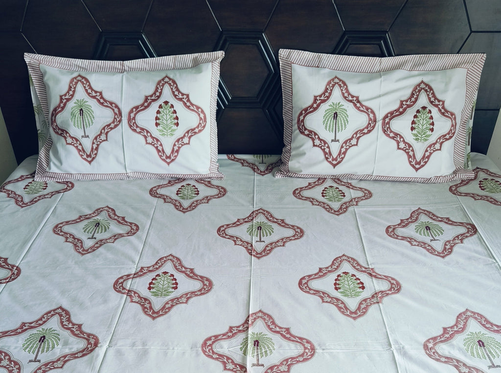 Royal Bloom Handblock Bedsheet– Red & Green Floral Delight - Avyana Bedding Collection