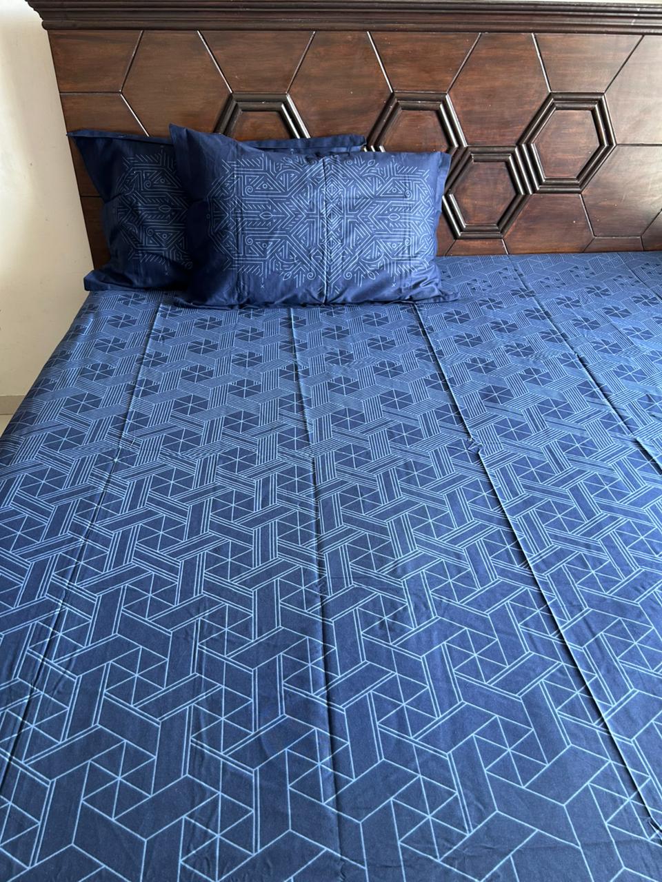 Royal Blue Pure Cotton Bedsheet – Geometric - Avyana Bedding Collection