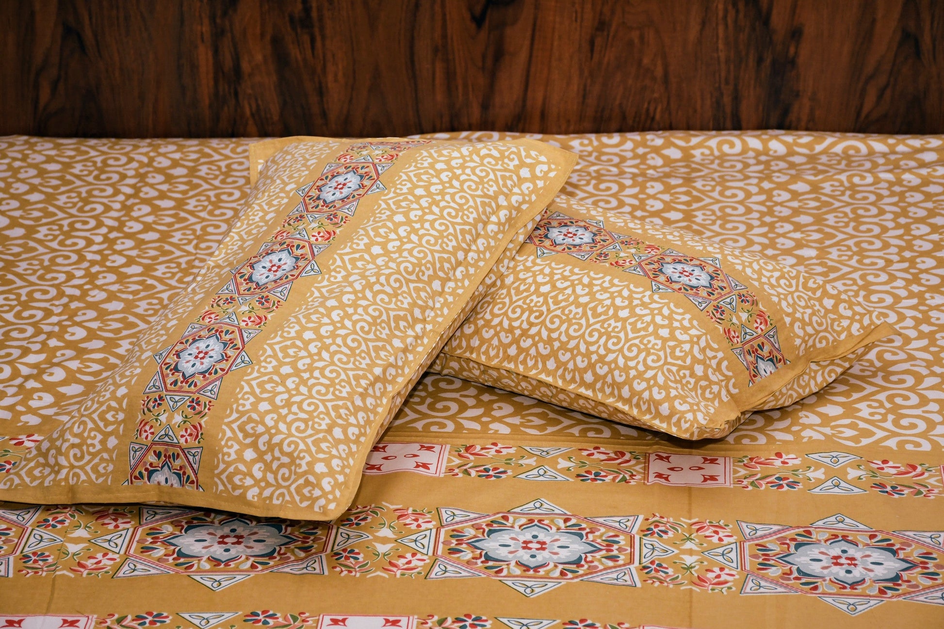 Signature Cotton Bedsheet – Yellow Ornamental Mandala Elegance - Avyana Bedding Collection