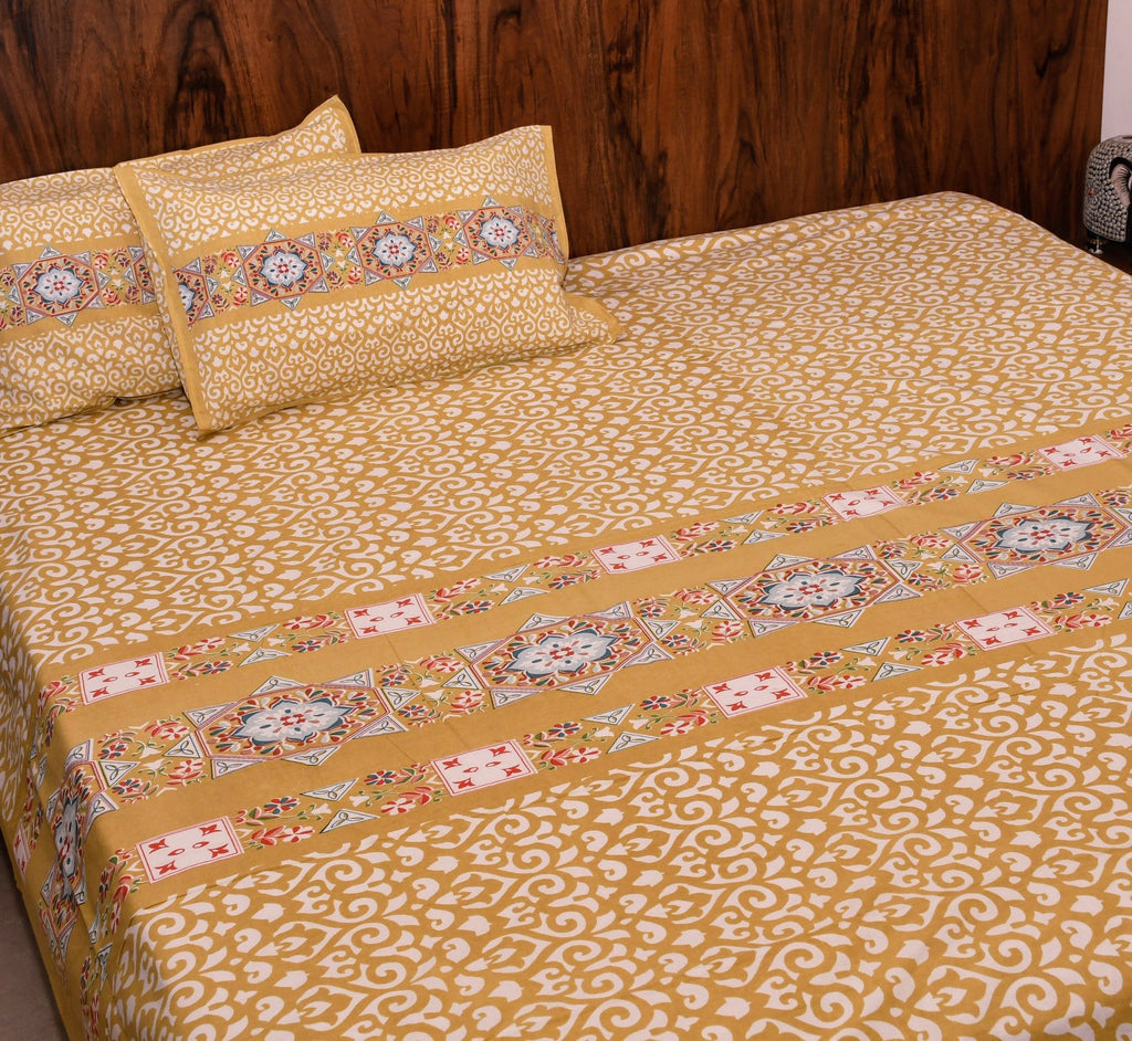 Signature Cotton Bedsheet – Yellow Ornamental Mandala Elegance - Avyana Bedding Collection