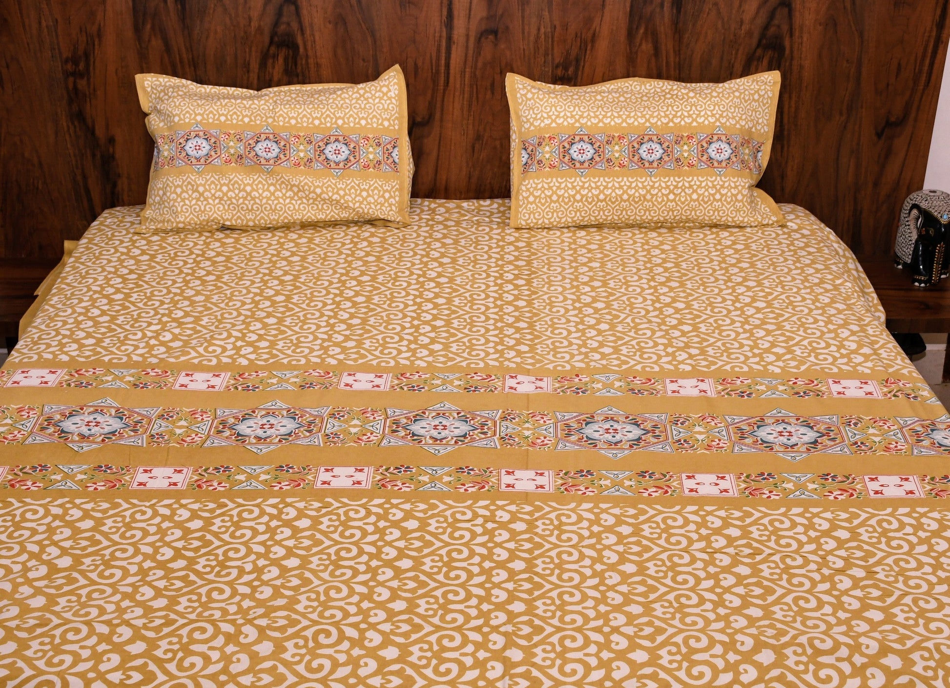 Signature Cotton Bedsheet – Yellow Ornamental Mandala Elegance - Avyana Bedding Collection