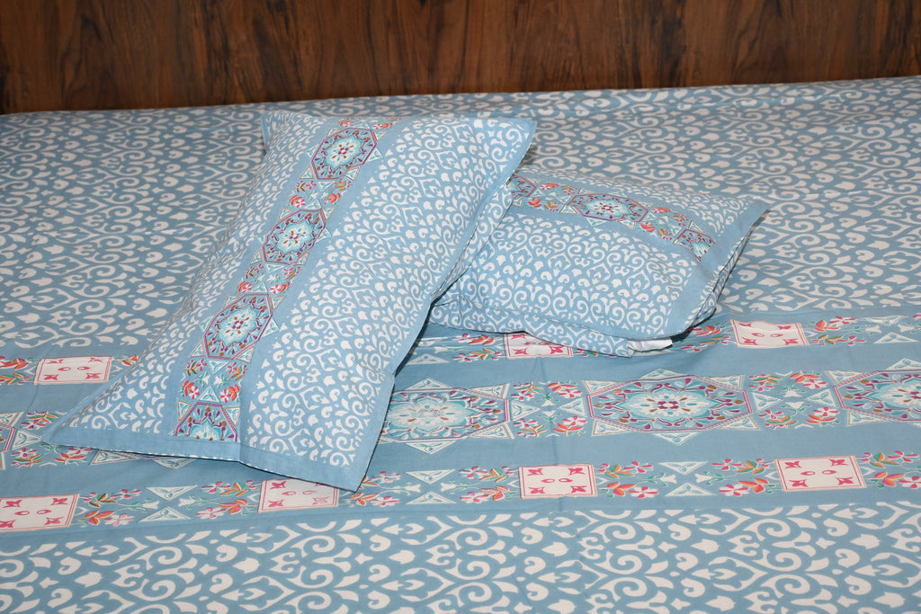 Signature Pure Cotton Bedsheet – Blue Ornamental Mandala Elegance - Avyana Bedding Collection