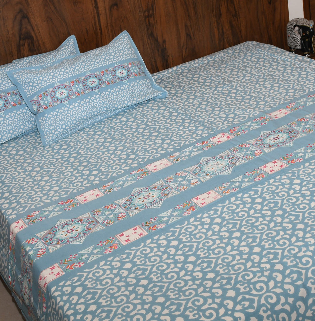 Signature Pure Cotton Bedsheet – Blue Ornamental Mandala Elegance - Avyana Bedding Collection