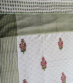 Spring Blossom Cotton Dohar – Olive Stripes & Pink Blooms - Avyana Bedding Collection