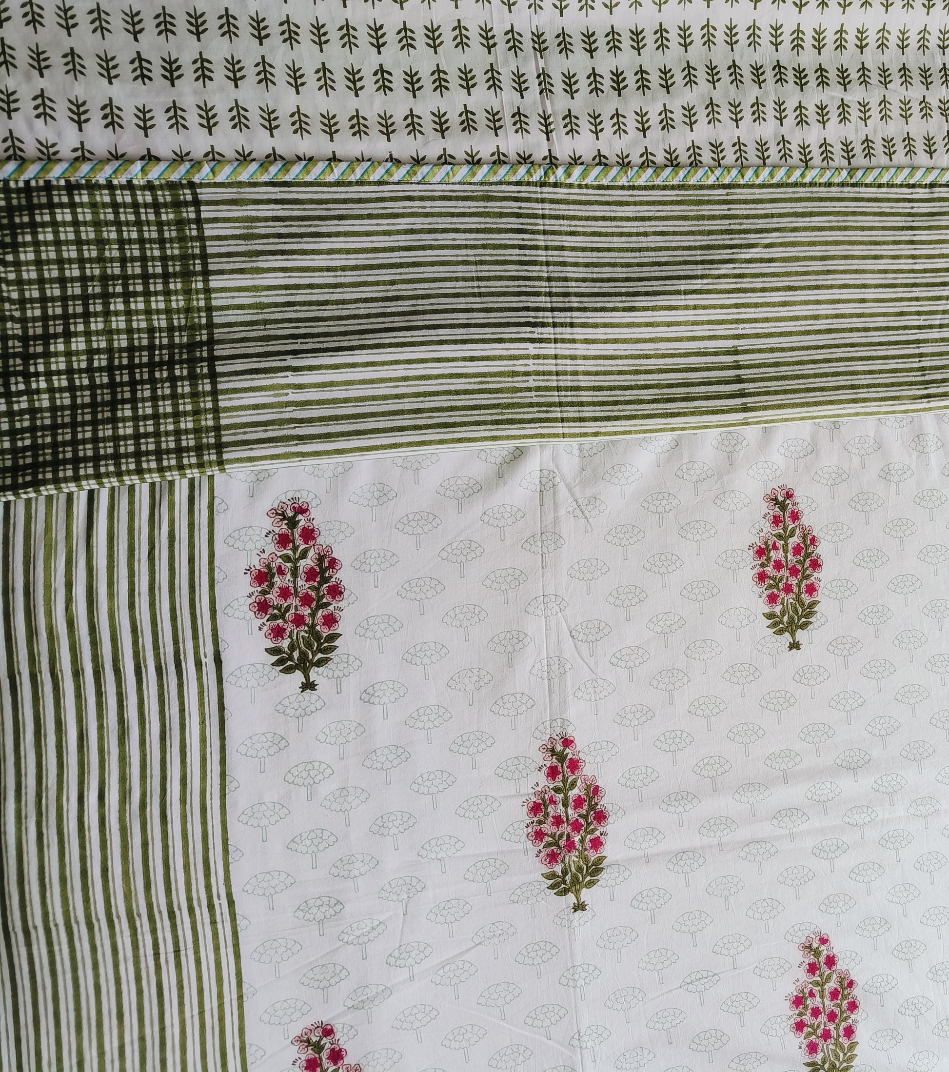 Spring Blossom Cotton Dohar – Olive Stripes & Pink Blooms - Avyana Bedding Collection