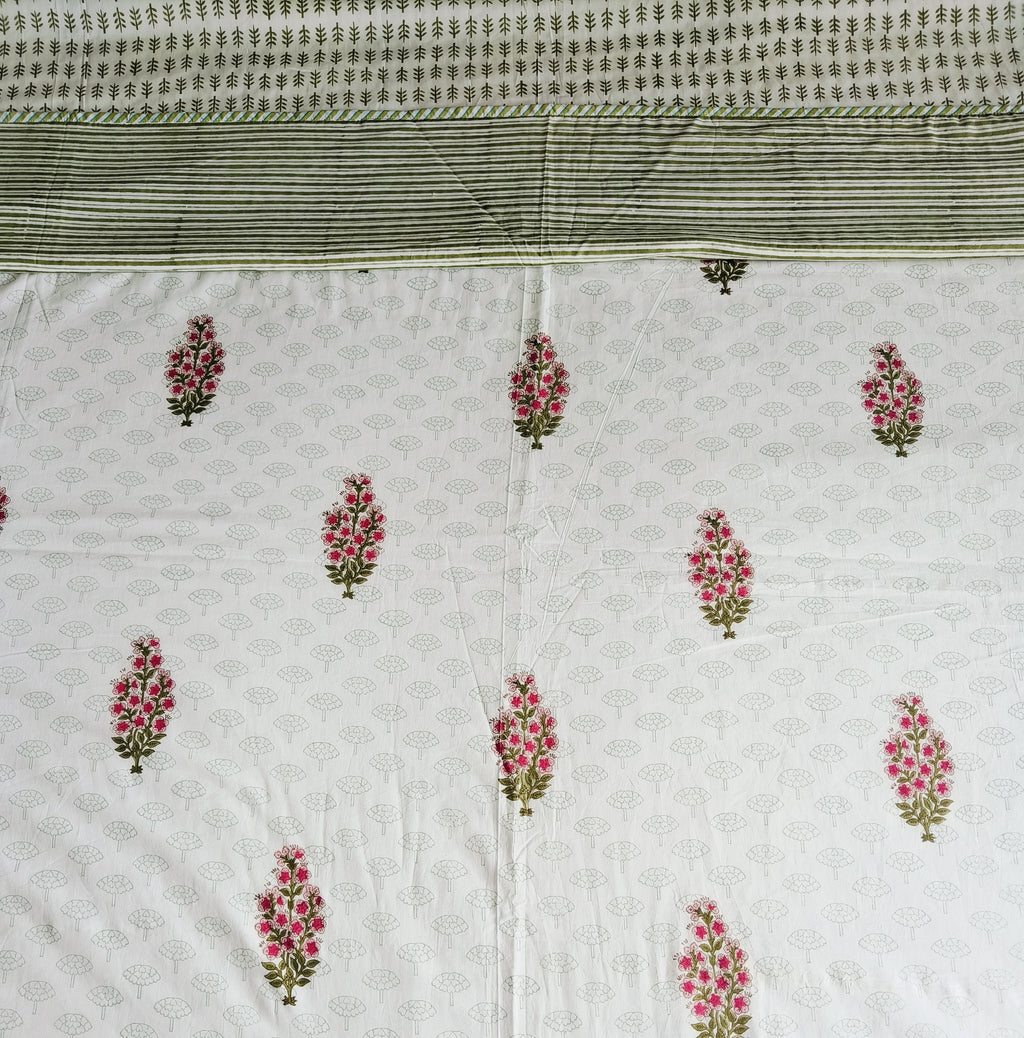 Spring Blossom Cotton Dohar – Olive Stripes & Pink Blooms - Avyana Bedding Collection
