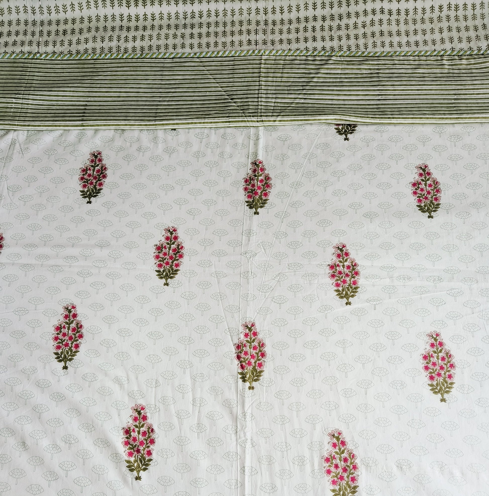 Spring Blossom Cotton Dohar – Olive Stripes & Pink Blooms - Avyana Bedding Collection