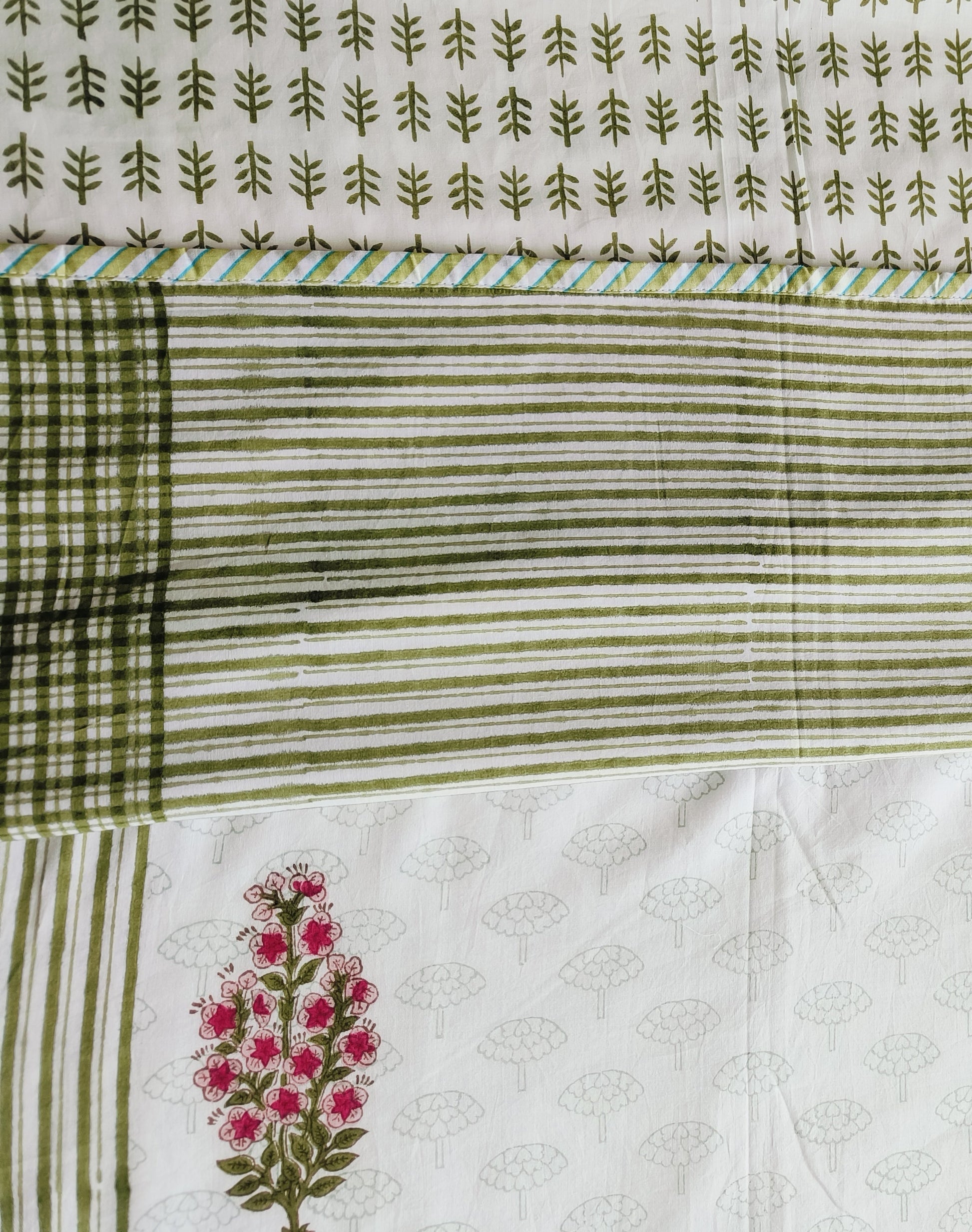 Spring Blossom Cotton Dohar – Olive Stripes & Pink Blooms - Avyana Bedding Collection