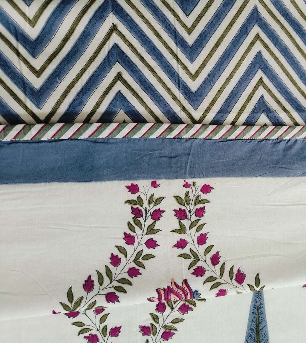 Teal Blue Charm Handblock Dohar – Blue Chevron & Floral - Avyana Bedding Collection