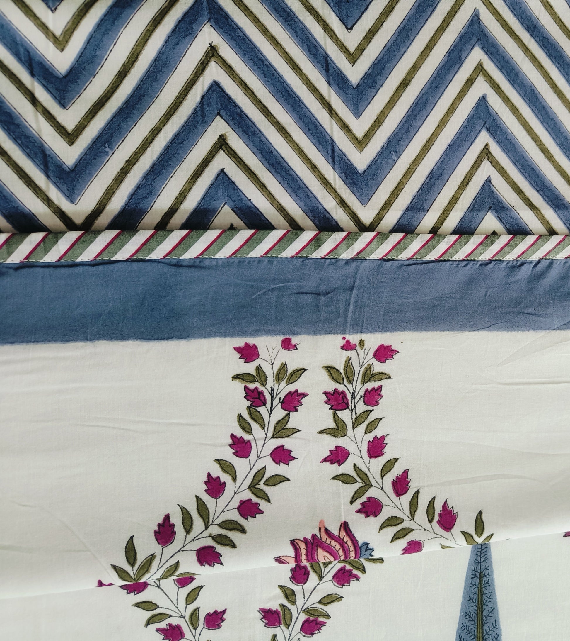 Teal Blue Charm Handblock Dohar – Blue Chevron & Floral - Avyana Bedding Collection