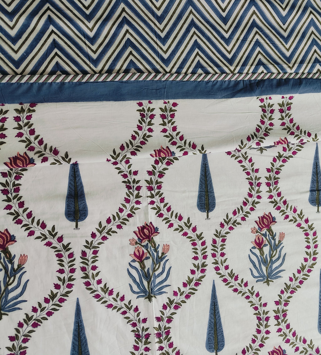 Teal Blue Charm Handblock Dohar – Blue Chevron & Floral - Avyana Bedding Collection