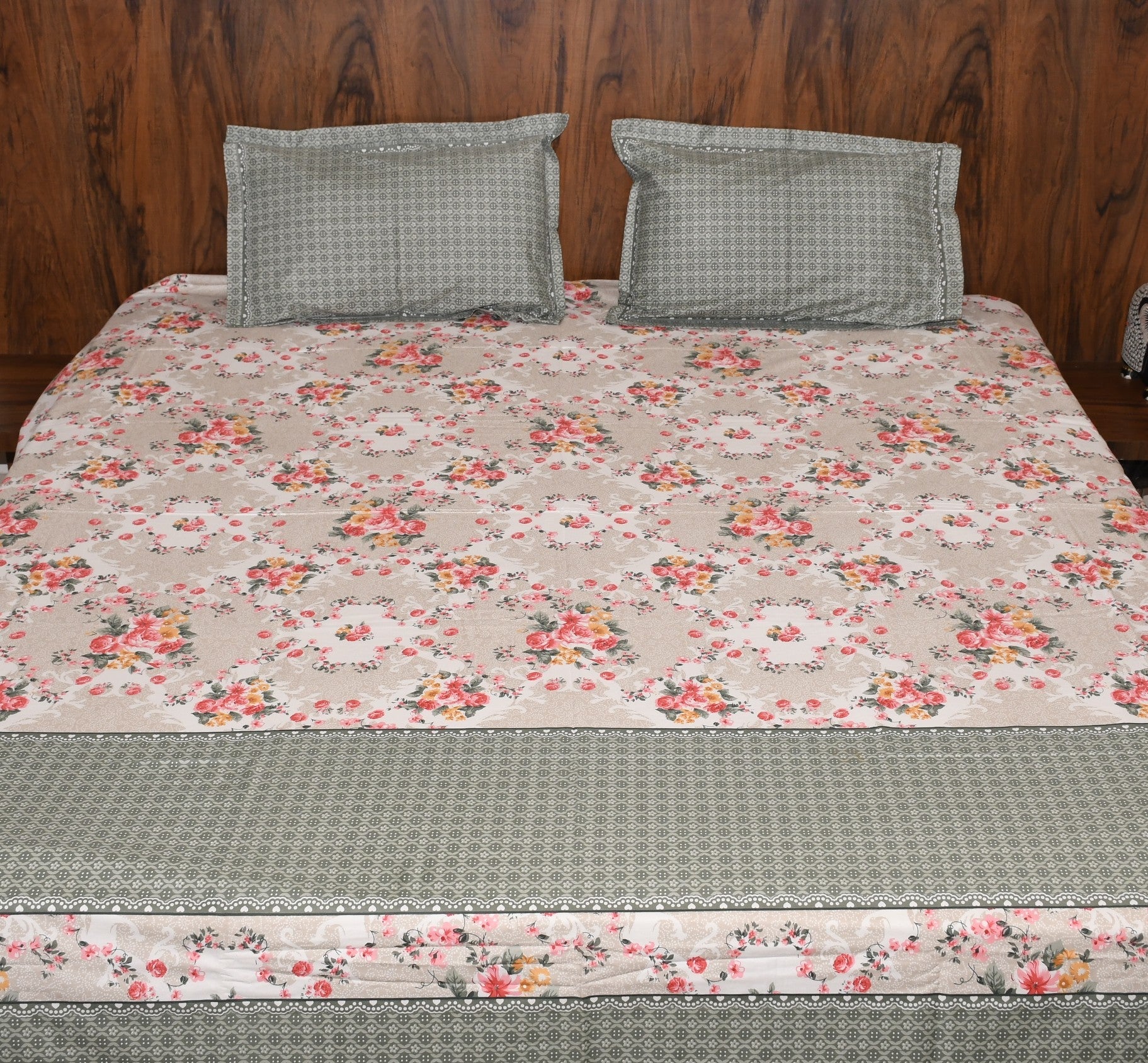 Timeless Garden Heritage Bedsheet – Beige Floral Harmony - Avyana Bedding Collection