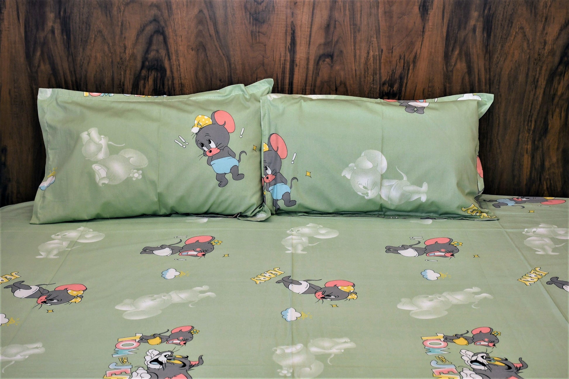 Tom & Jerry Kids Cartoon Bedsheet – Mint Green | Pure Cotton - Avyana Bedding Collection