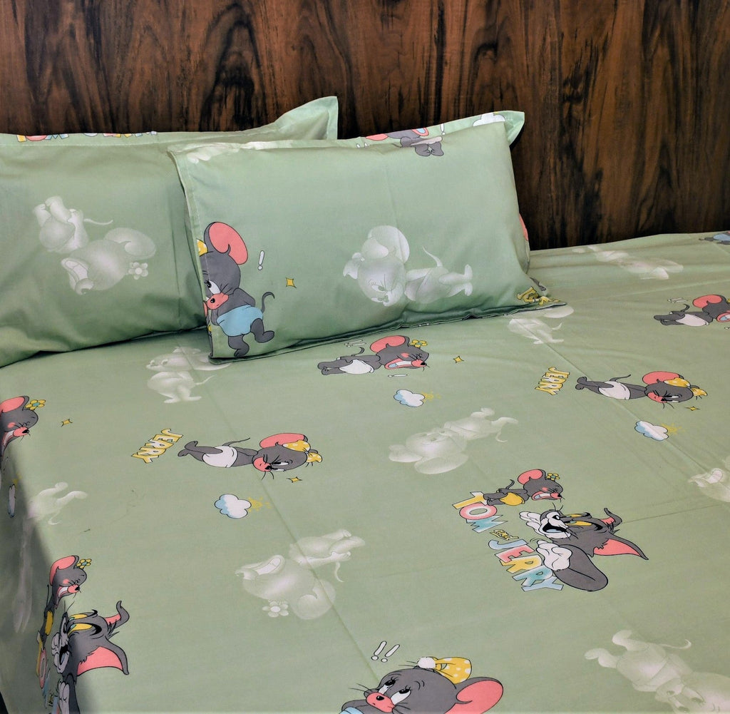 Tom & Jerry Kids Cartoon Bedsheet – Mint Green | Pure Cotton - Avyana Bedding Collection