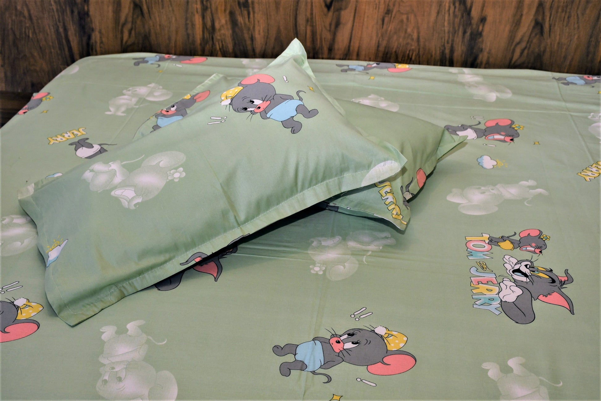 Tom & Jerry Kids Cartoon Bedsheet – Mint Green | Pure Cotton - Avyana Bedding Collection