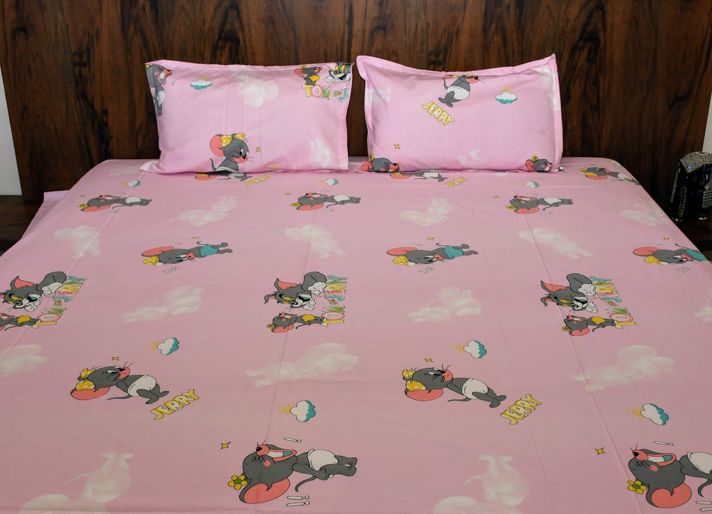 Tom & Jerry Kids Cartoon Bedsheet – Pink | Pure Cotton - Avyana Bedding Collection