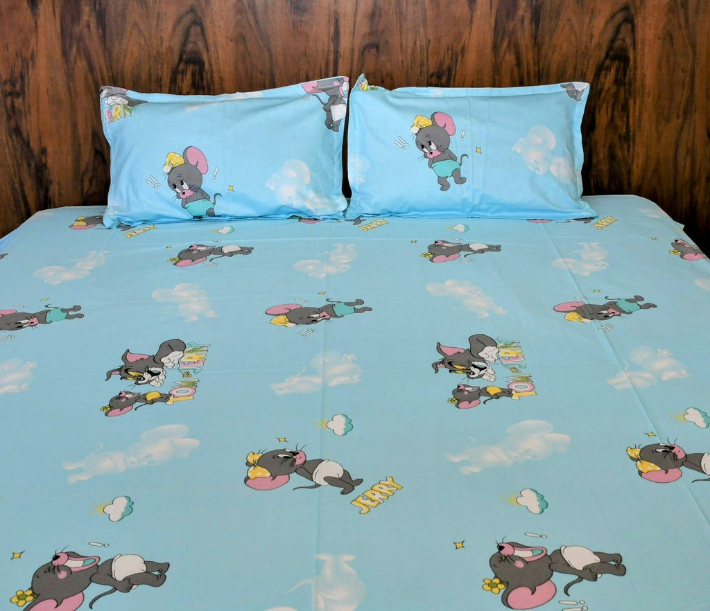 Tom & Jerry Kids Cartoon Bedsheet – Sky Blue | Pure Cotton - Avyana Bedding Collection