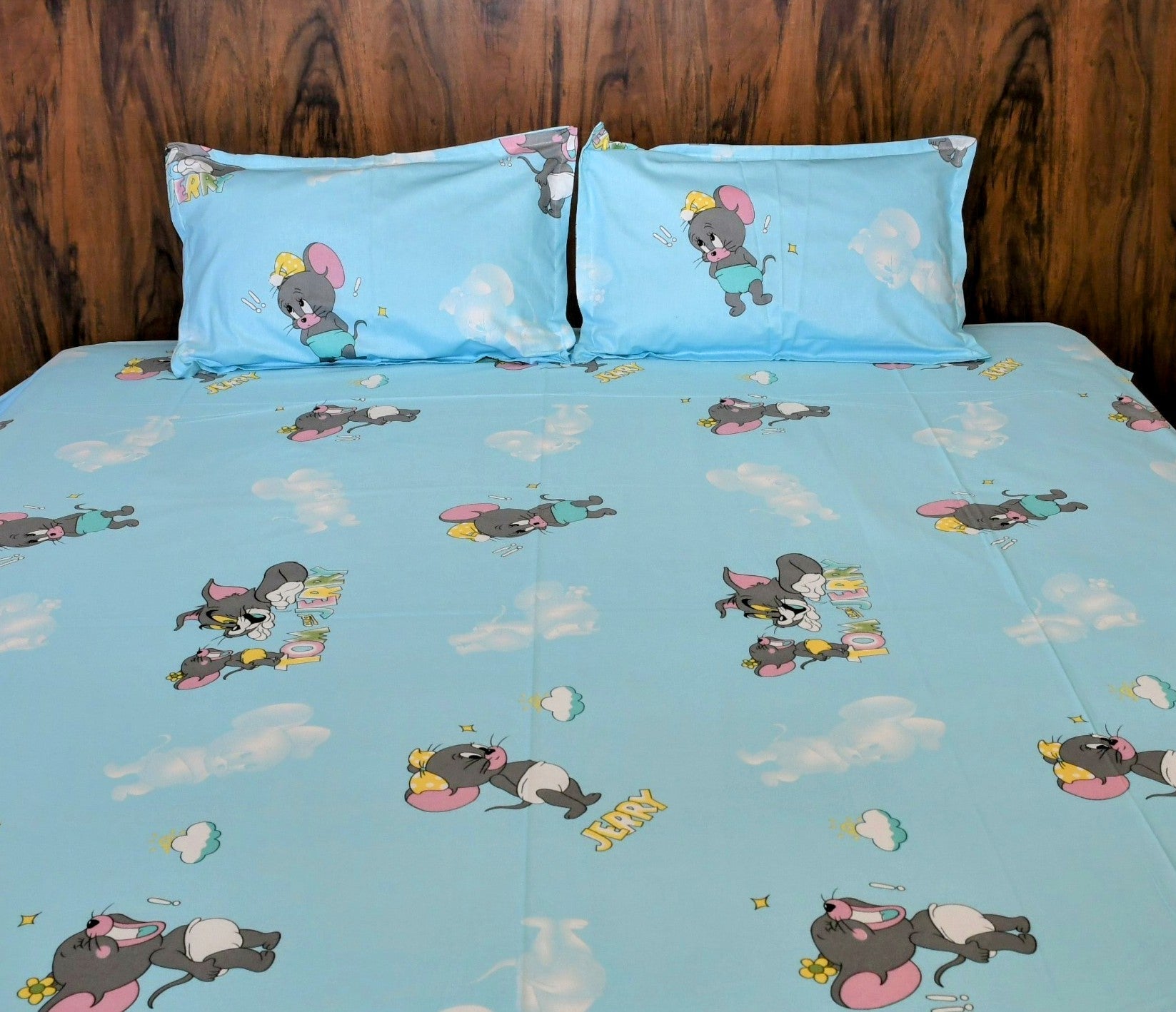 Tom & Jerry Kids Cartoon Bedsheet – Sky Blue | Pure Cotton - Avyana Bedding Collection
