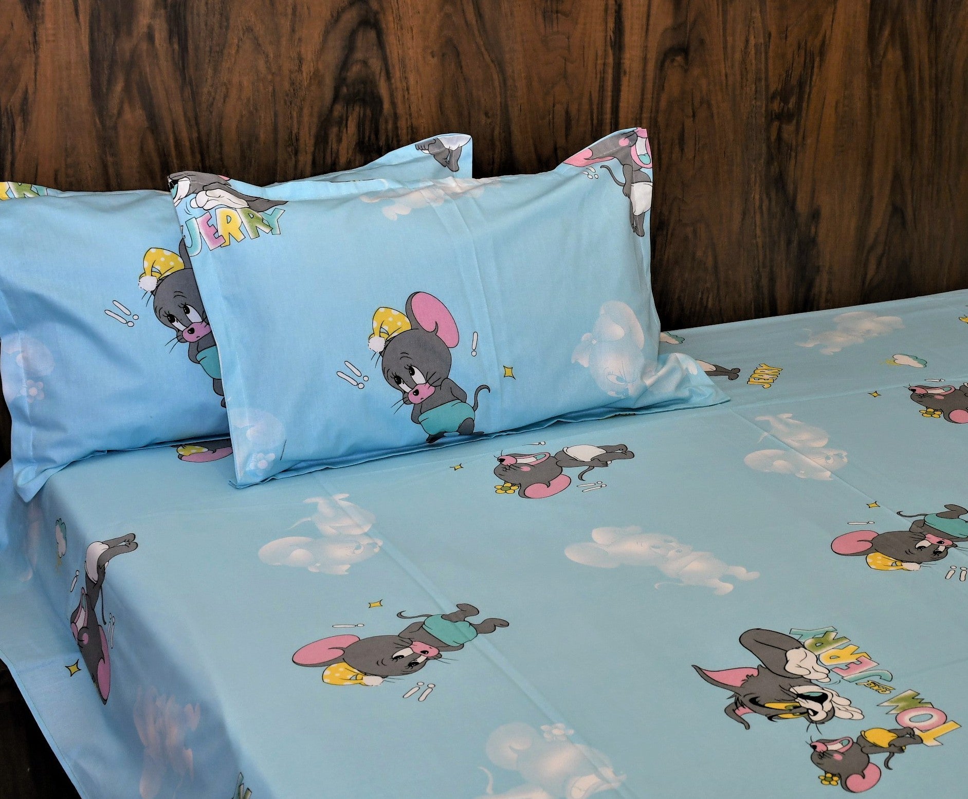 Tom & Jerry Kids Cartoon Bedsheet – Sky Blue | Pure Cotton - Avyana Bedding Collection
