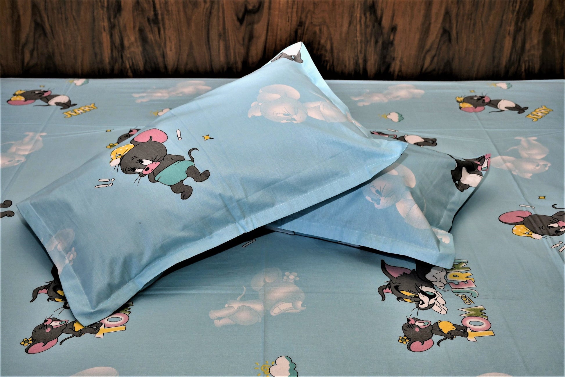 Tom & Jerry Kids Cartoon Bedsheet – Sky Blue | Pure Cotton - Avyana Bedding Collection